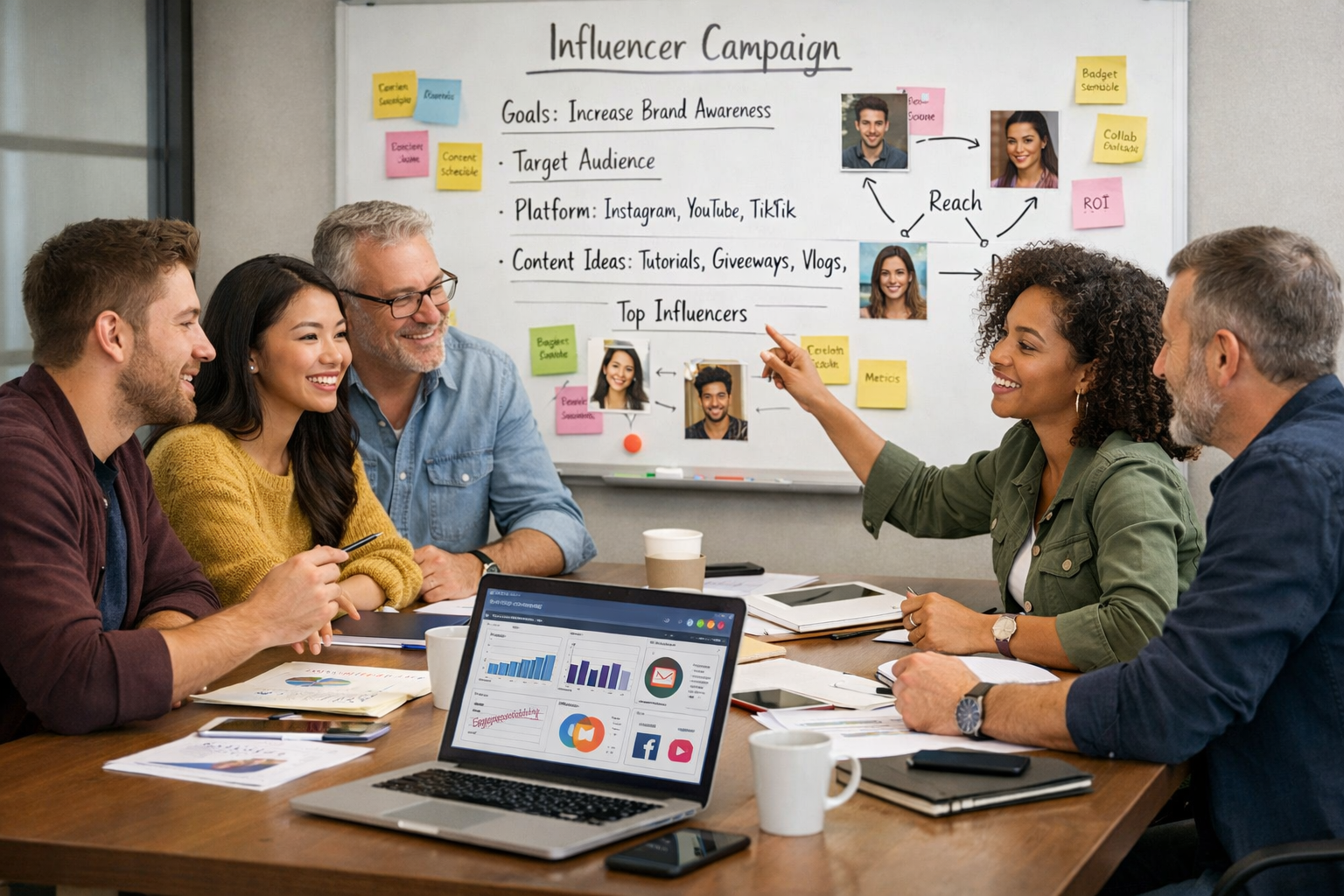 Marketing team collaborating on influencer campaign strategy